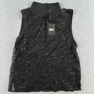 NEW DKNY Top‎ Women's XL Black Sequined Mesh Mock Neck Sleeveless Blouse NWT